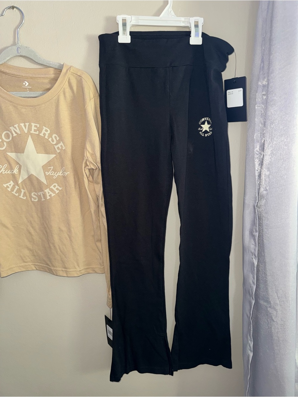 Converse Beige Logo Long Sleeve Top & Black Logo Boot-Cut Pants - Kids - Picture 3 of 6